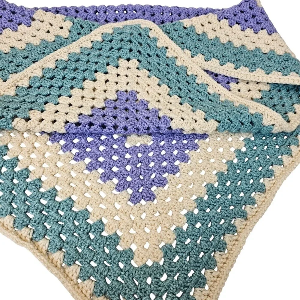 VTG Crochet Handmade Knit Throw Lap Blanket Muted Tone Green Purple Grannysquare